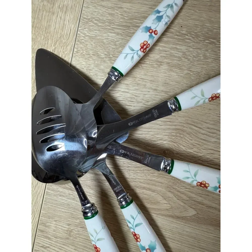 Pfaltzgraff Winterberry Holly Berry Ceramic Handle Stainless Serving Set 6pc